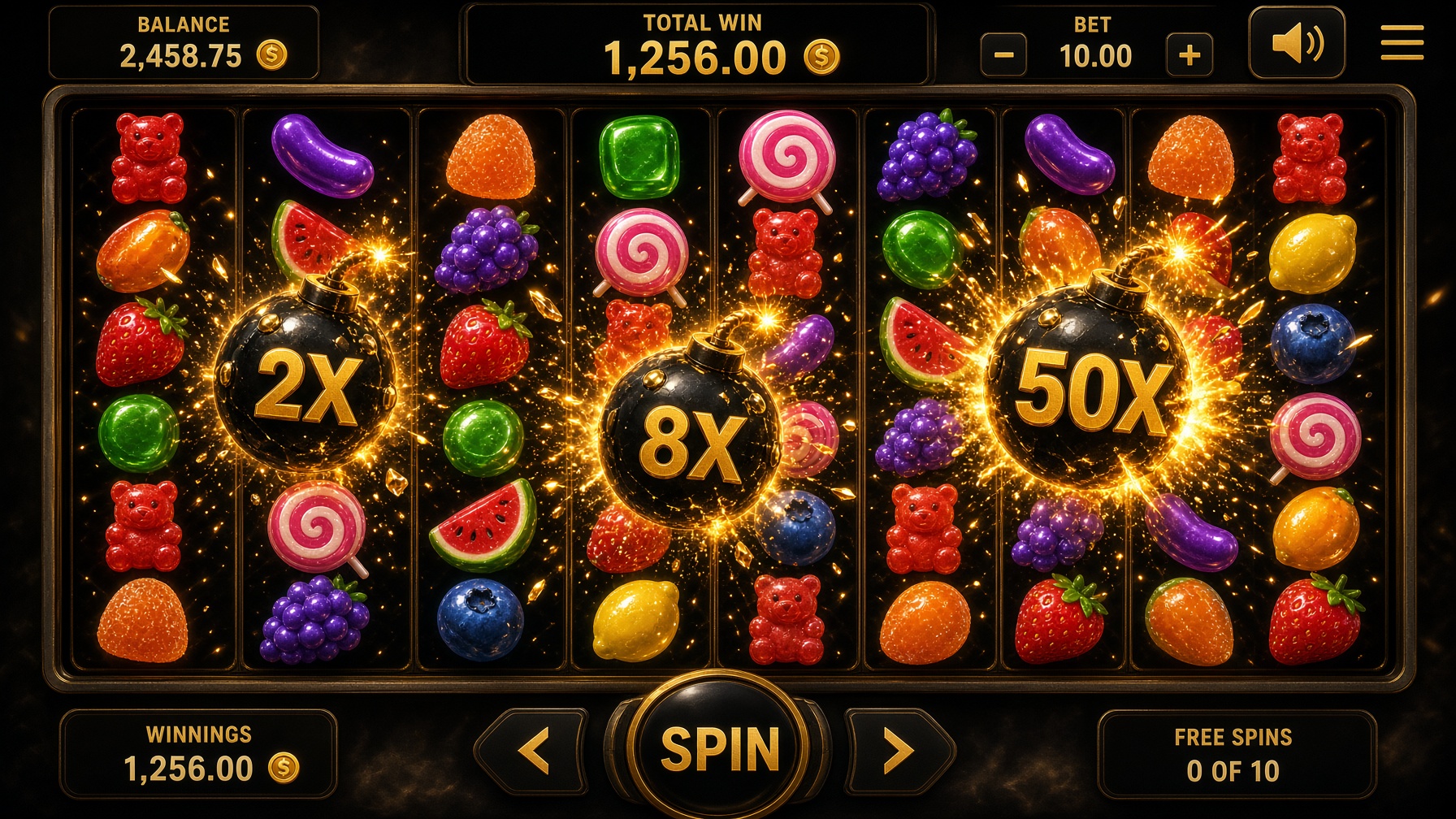 Candy cluster slot ekranı — tumble ve çarpan bombaları